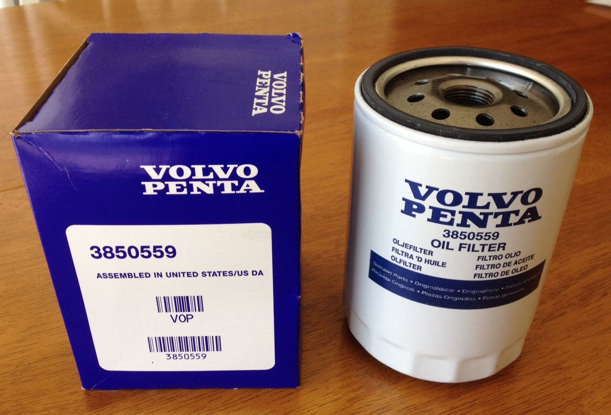 Volvo Penta in-line oil filter for 4-cyl and small-block V8 engines; OEM 3850559 ensures proper filtration.