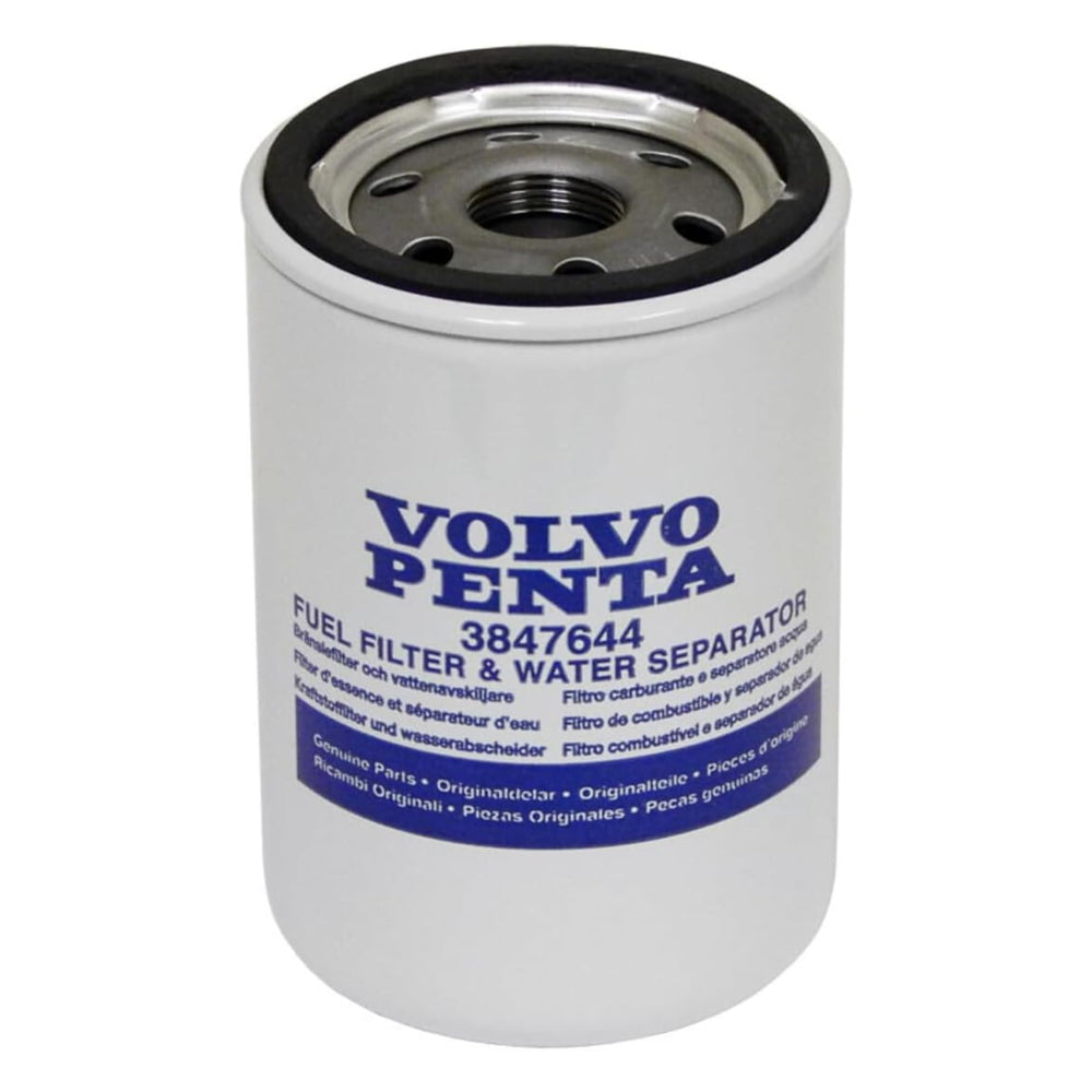 Volvo Penta water separator filter element close-up highlights 6-micron filtration.