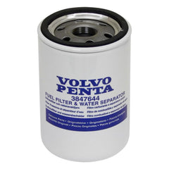 Volvo Penta water separator filter element close-up highlights 6-micron filtration.