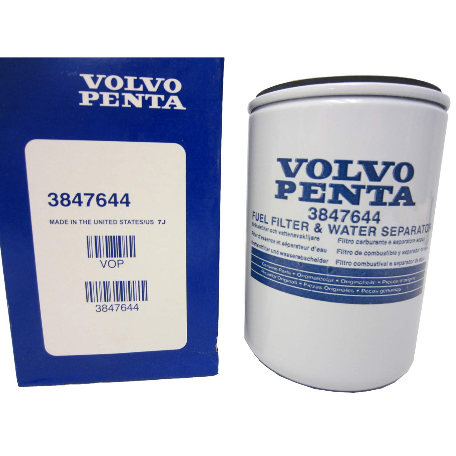Volvo Penta OEM fuel filter water separator front view for clean fuel and protection.