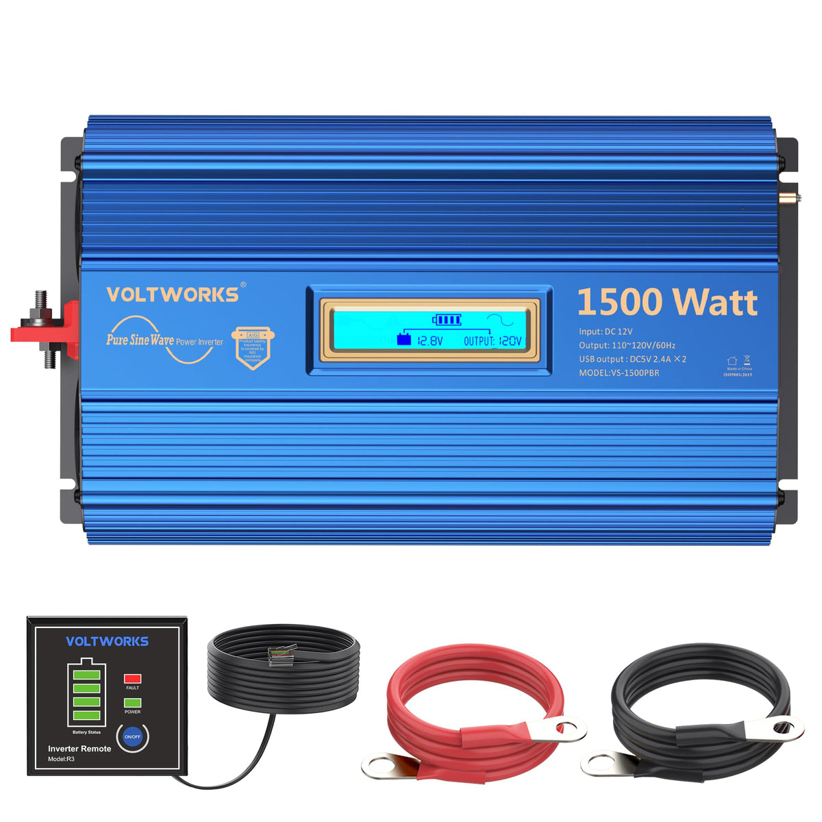 VOLTWORKS 1500W pure sine inverter display shows power status for safe operation.