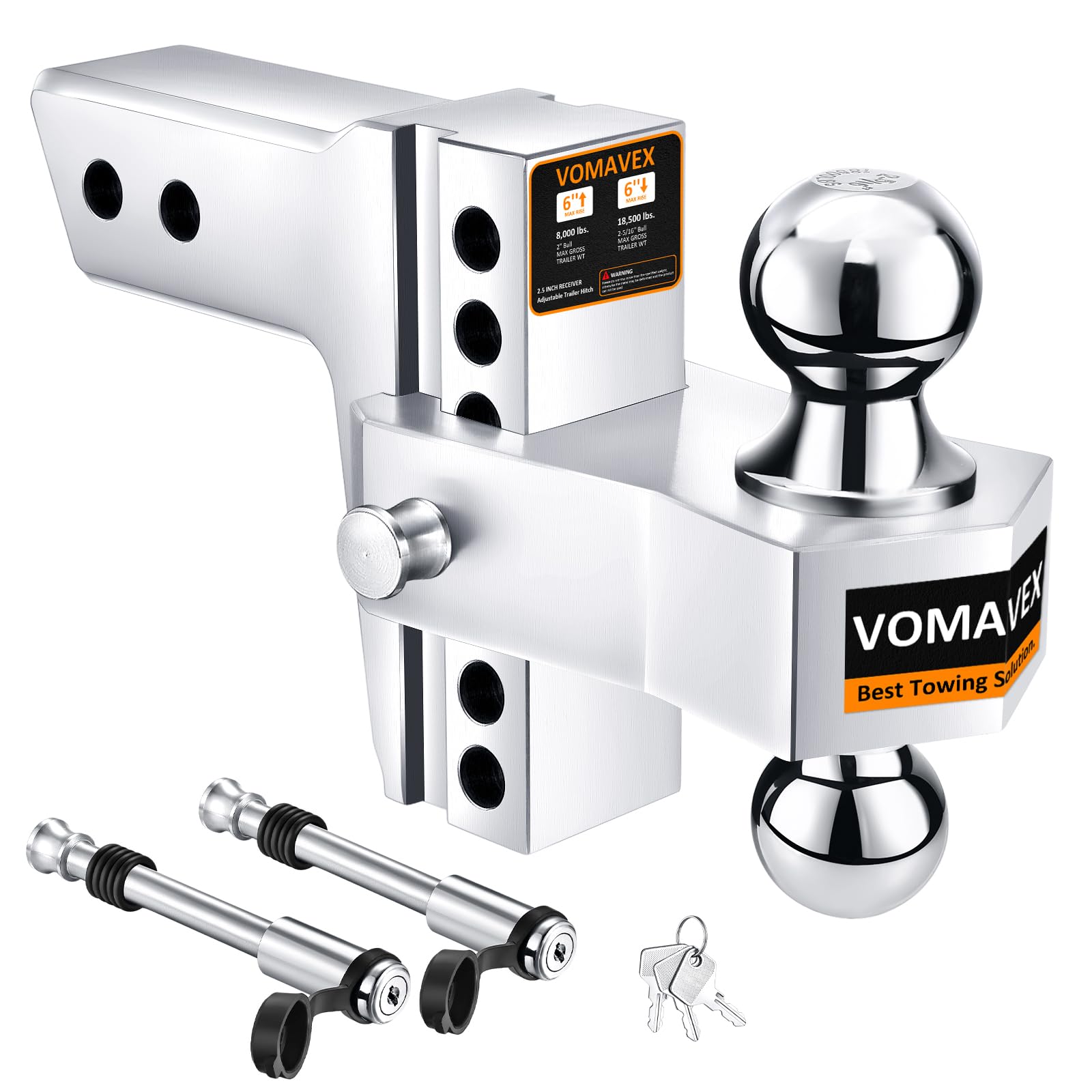Vomavex adjustable trailer hitch installed in a 2.5-inch receiver for flexible towing.