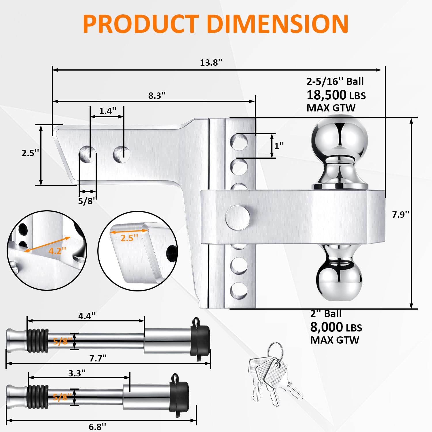 Vomavex dual-ball hitch with 2-inch and 2-5/16-inch balls for quick setup.