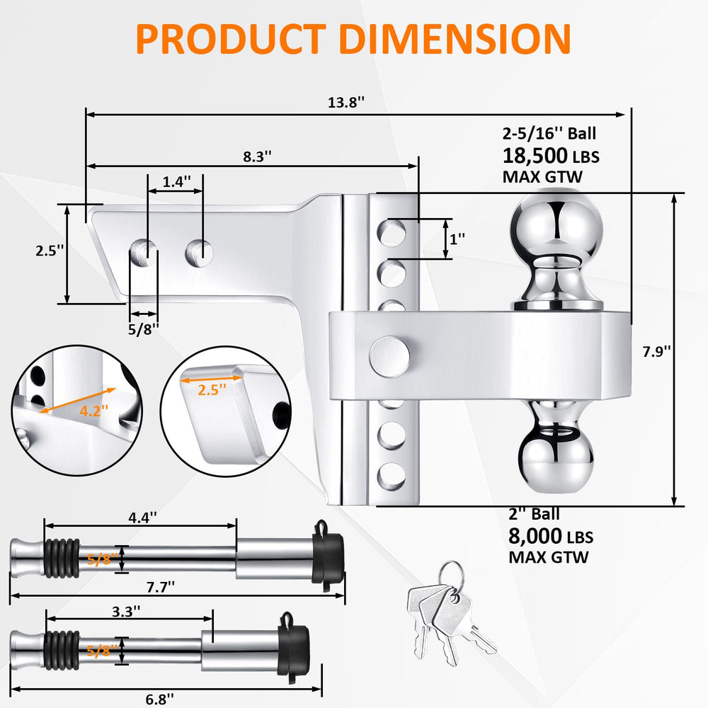 Vomavex dual-ball hitch with 2-inch and 2-5/16-inch balls for quick setup.
