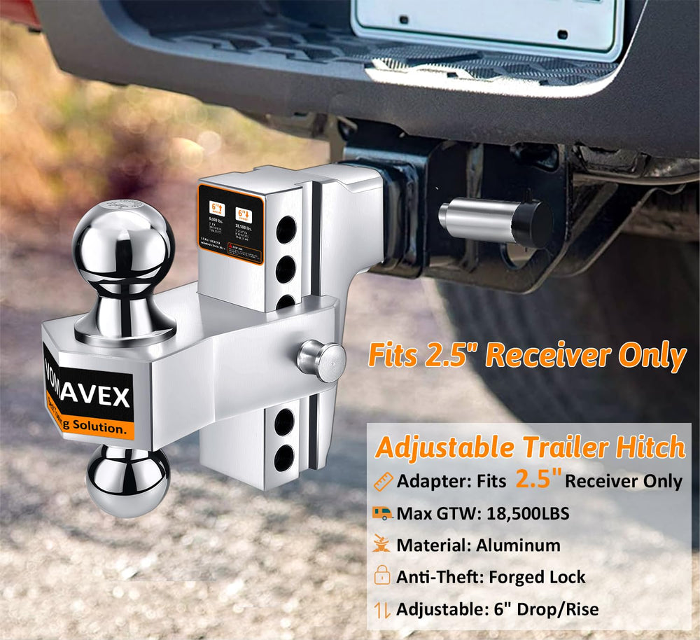 Vomavex hitch showing a 6-inch drop and rise range for level towing.