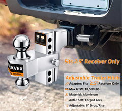 Vomavex hitch showing a 6-inch drop and rise range for level towing.