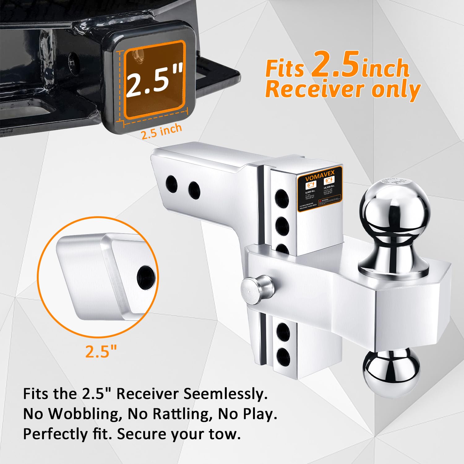 Vomavex premium aluminum chrome-plated hitch resists rust for outdoor use.
