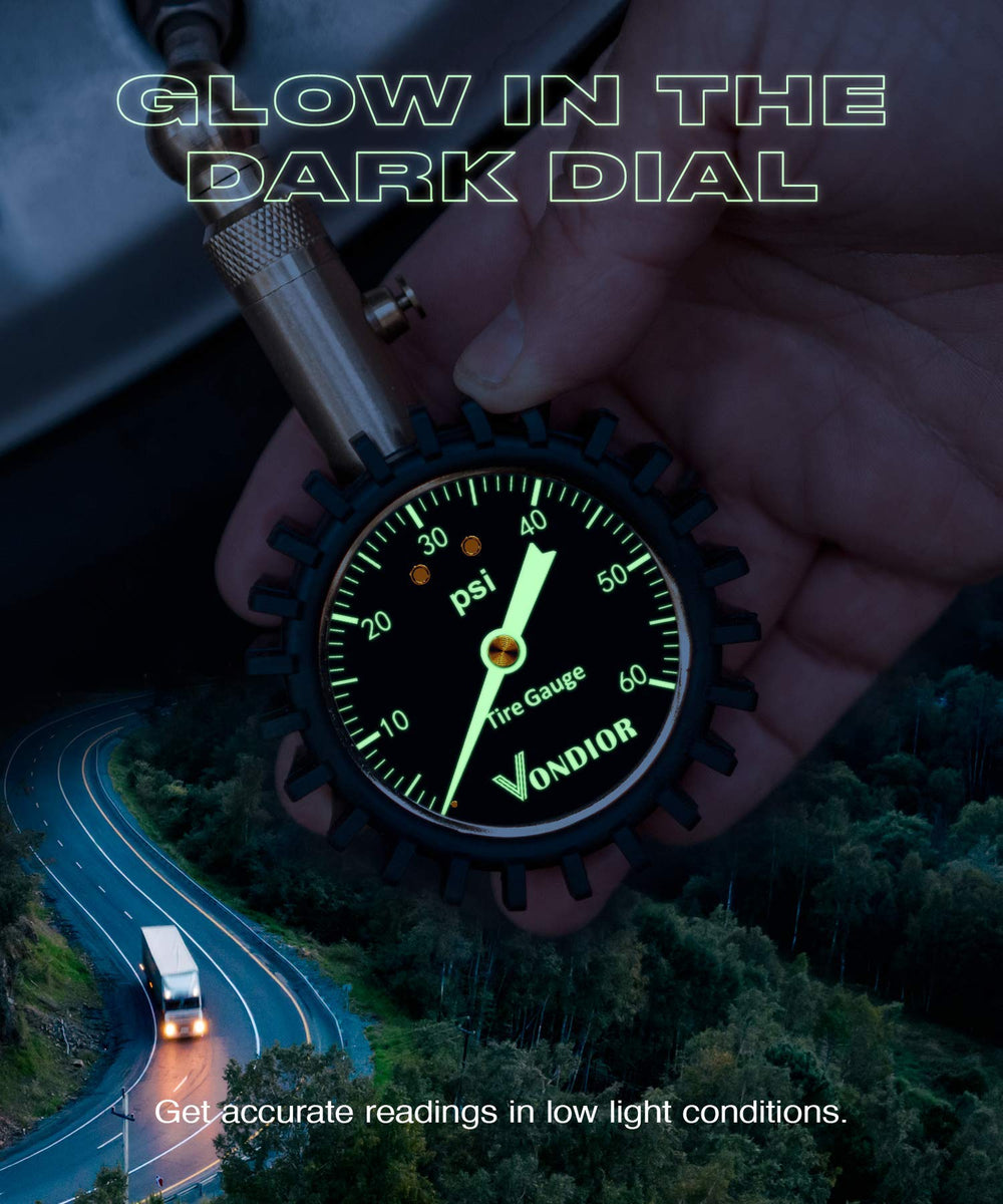 VONDIOR gauge suitable for car and truck tires with a readable dial.