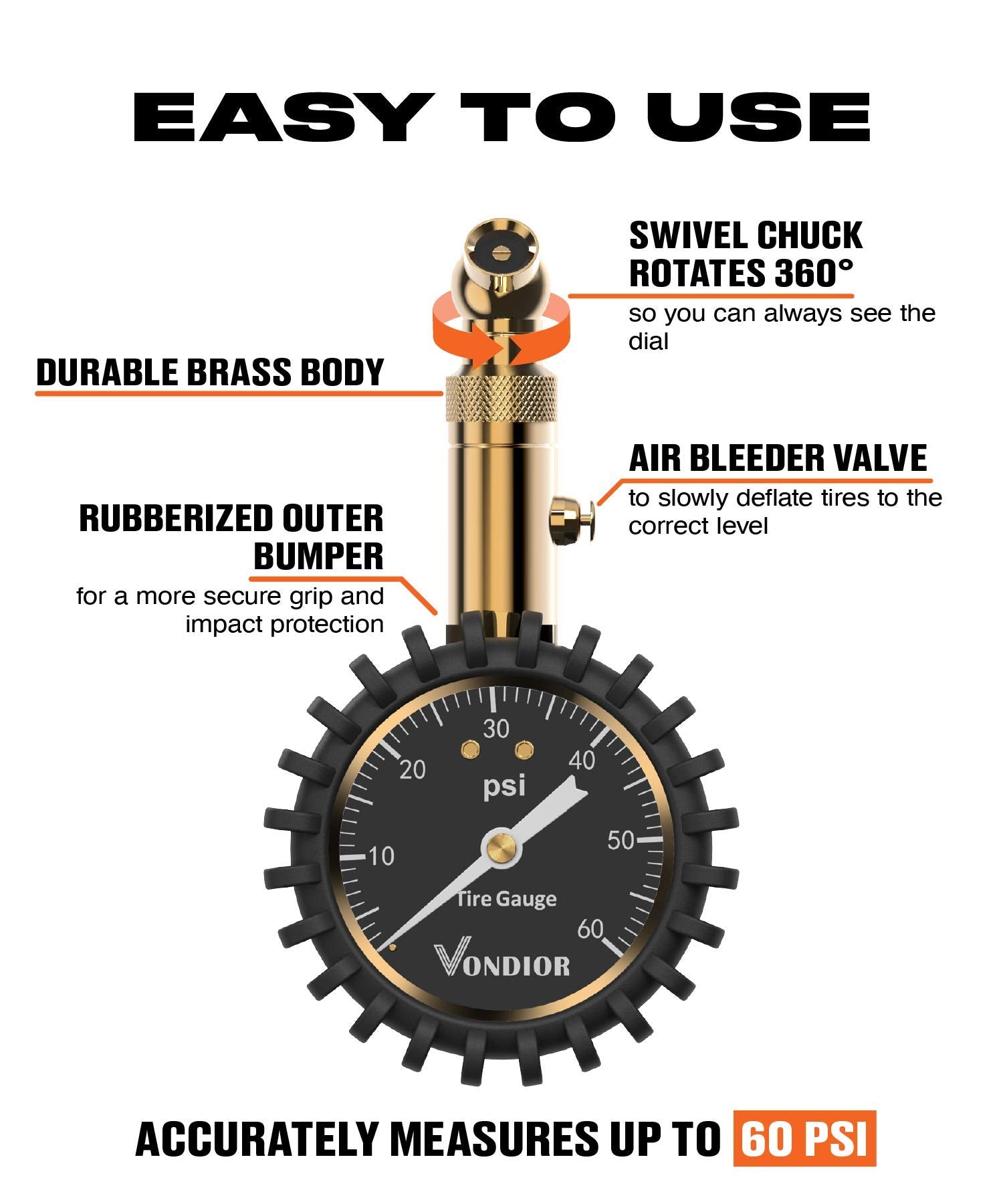 VONDIOR gauge with swivel valve connector for easy measurement at any angle.