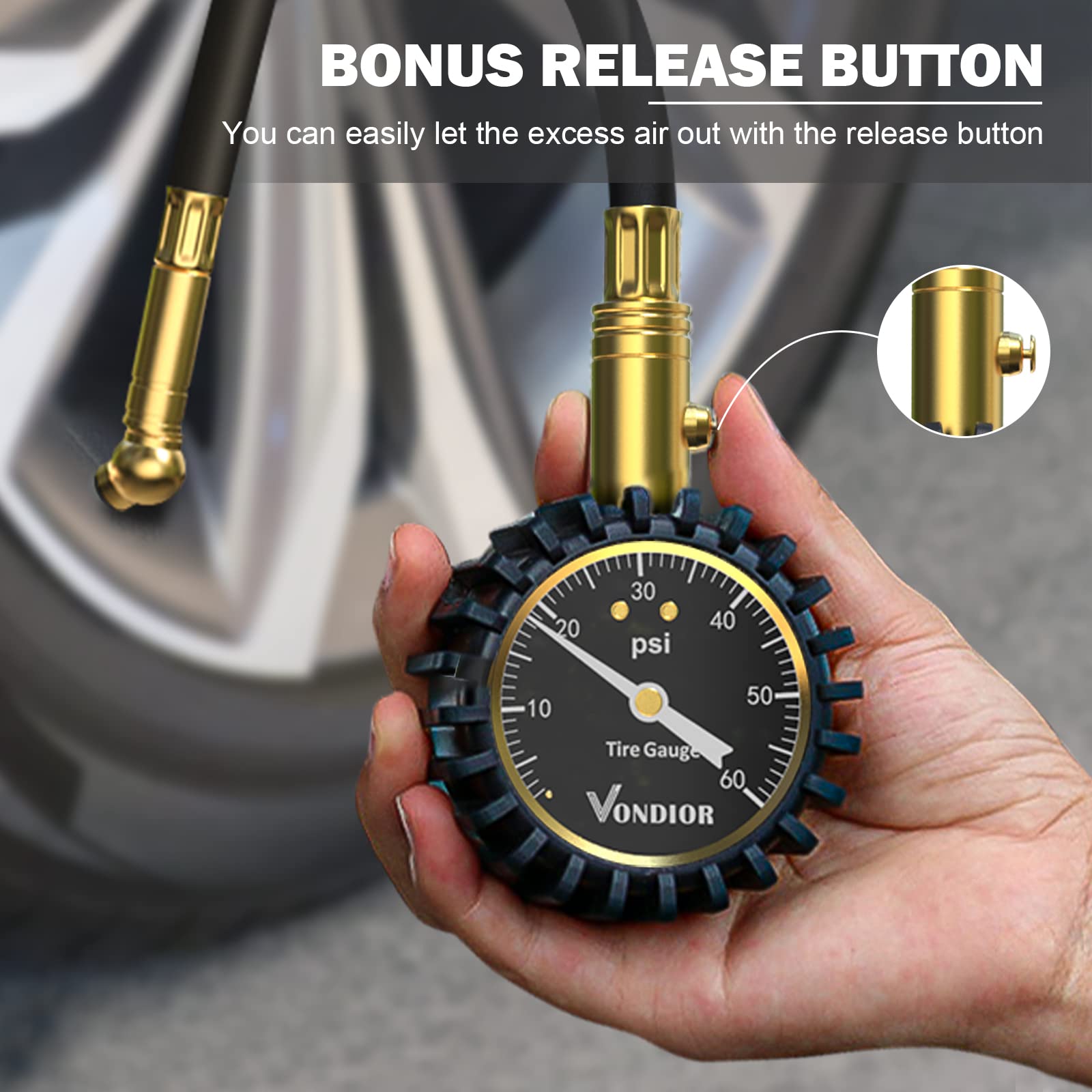 VONDIOR gauge attached to a tire valve for quick checks.