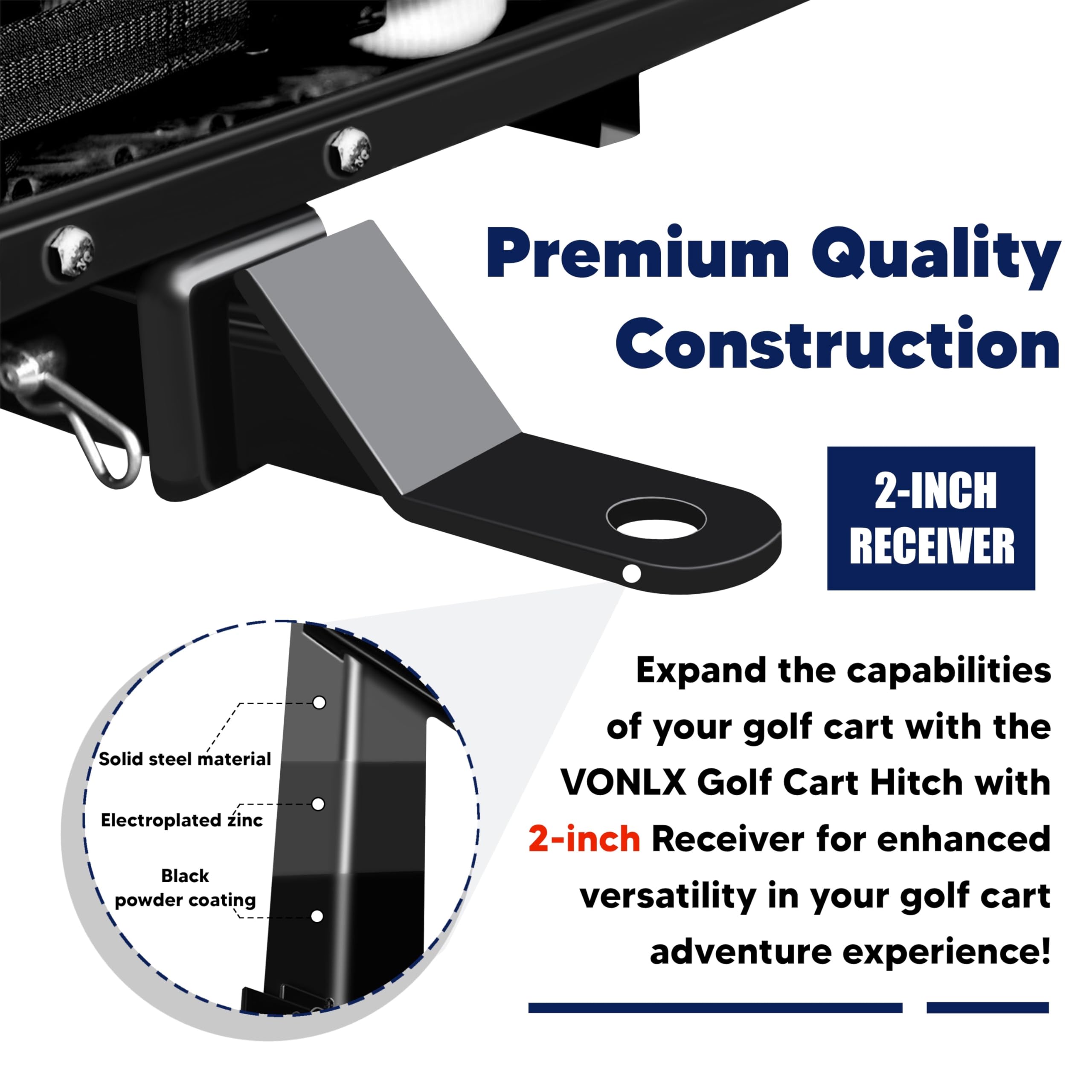 VONLX back-seat hitch assembly mounted on a golf cart rear seat.