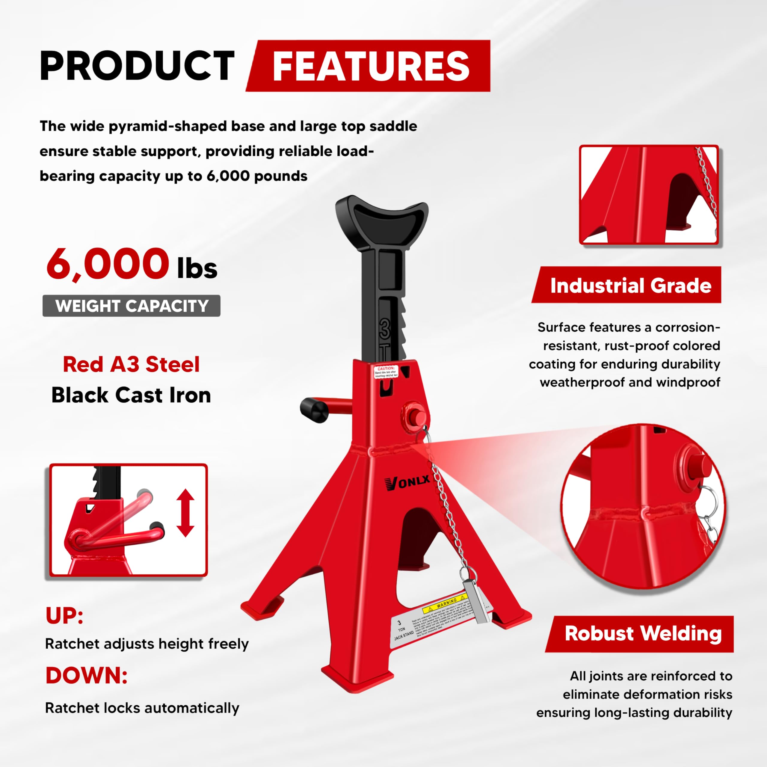 VONLX dual-lock safety system prevents sudden collapse during maintenance.