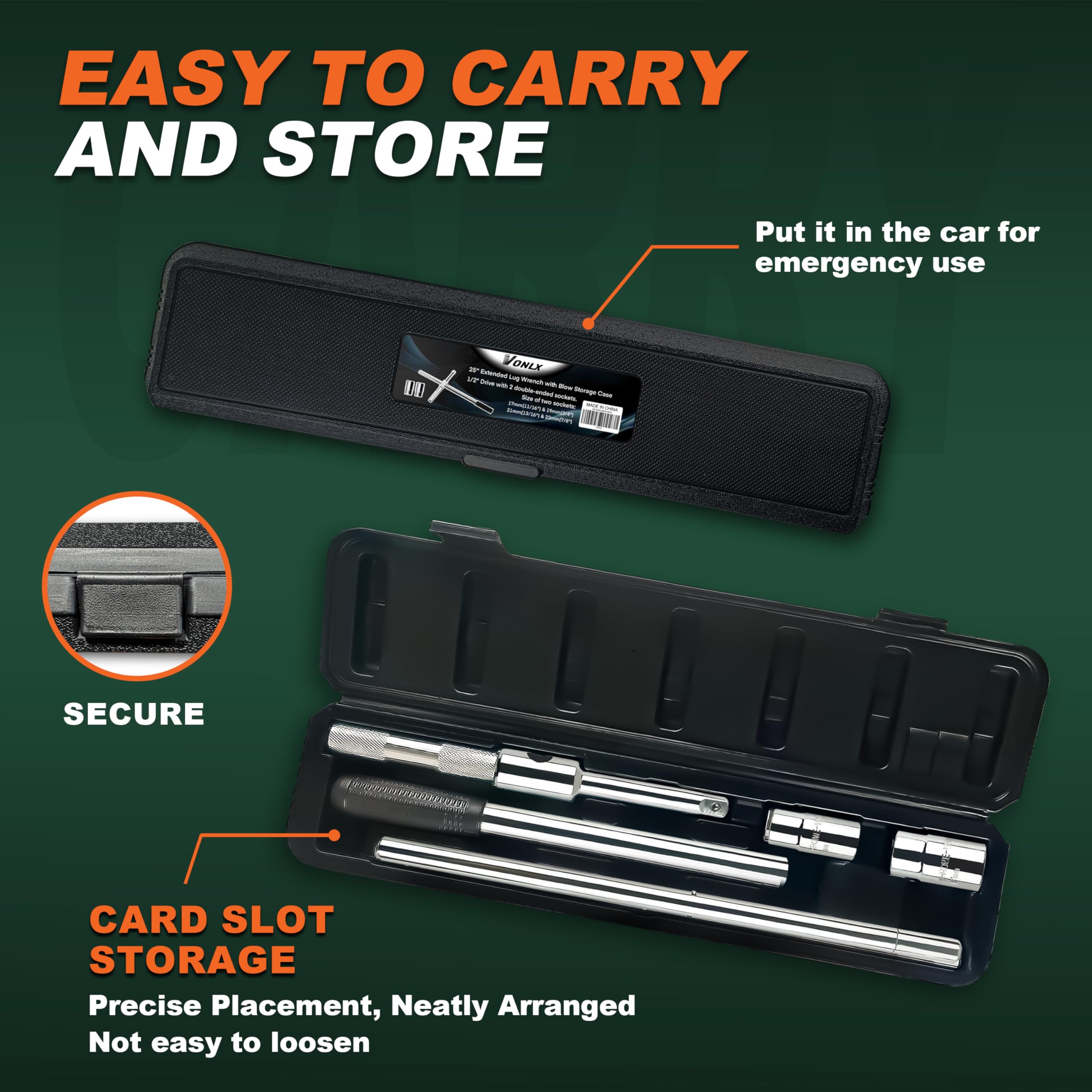 VONLX compact storage case keeps the wrench set organized in your car.