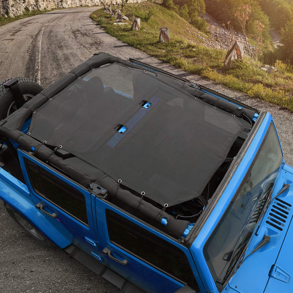 Voodonala mesh sunshade panel on roof area reduces heat on warm Jeep rides