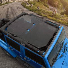 Voodonala mesh sunshade panel on roof area reduces heat on warm Jeep rides