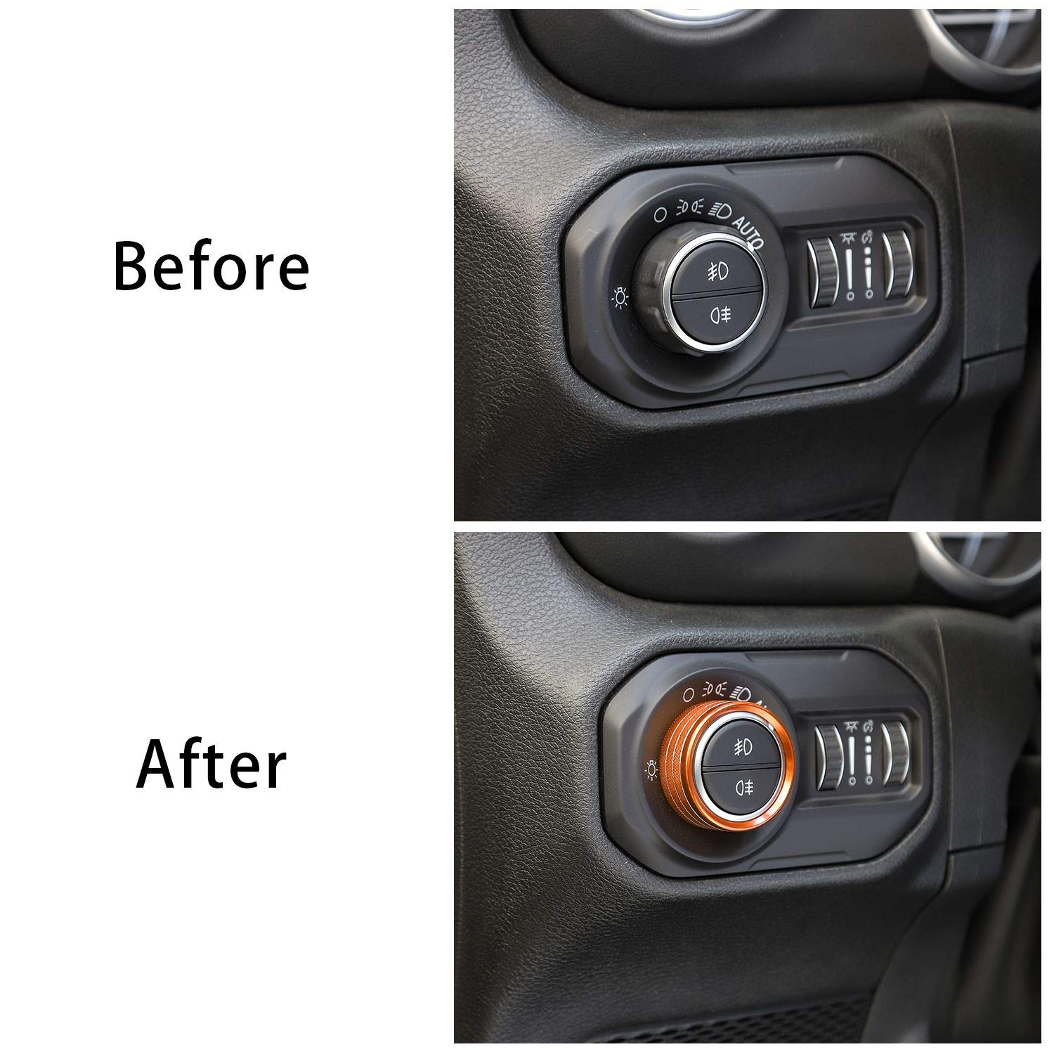 Voodonala orange aluminum knob cover for Jeep Gladiator interior keeps knobs looking new.