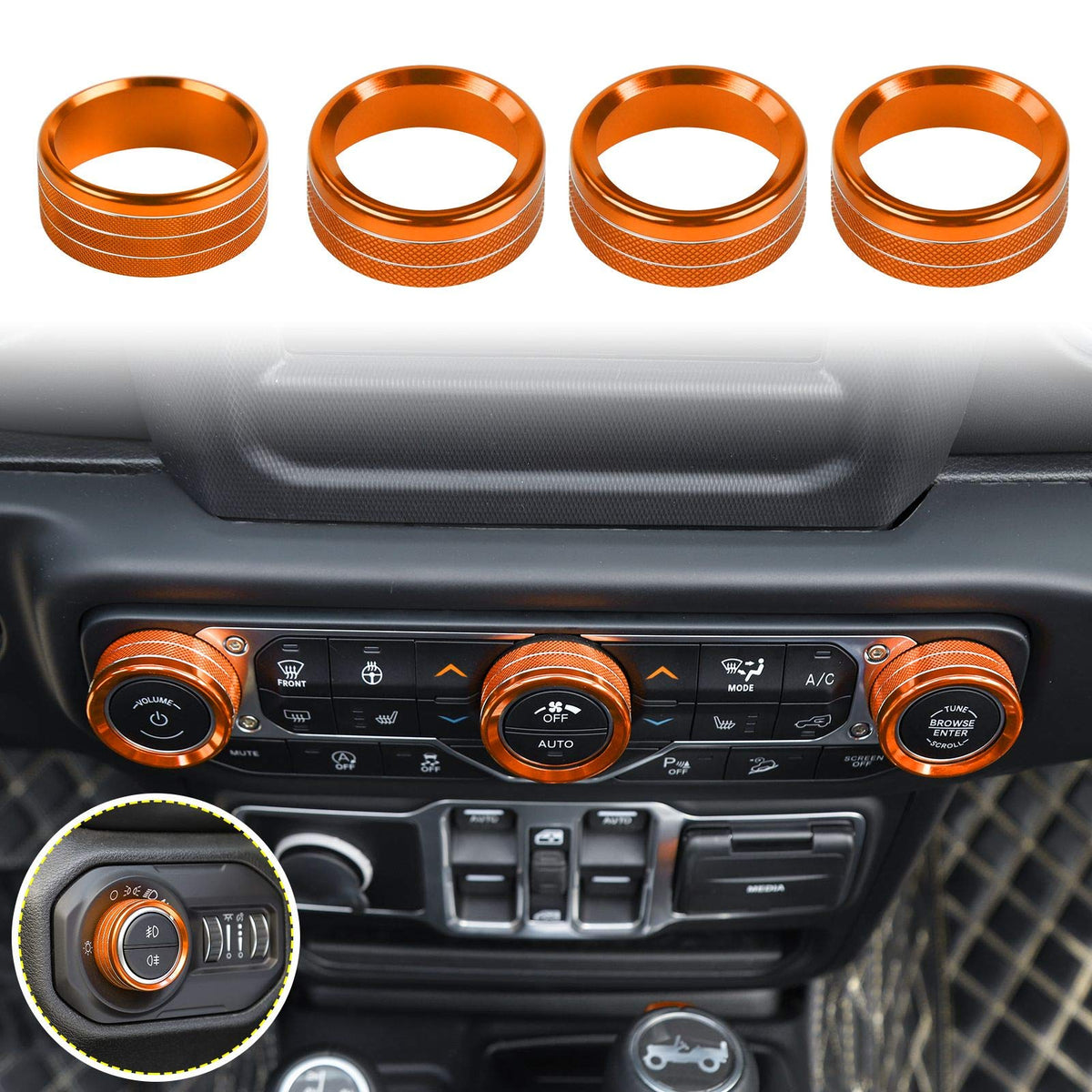 Voodonala orange aluminum AC knob cover on Jeep Wrangler JL enhances grip and protects the dial.