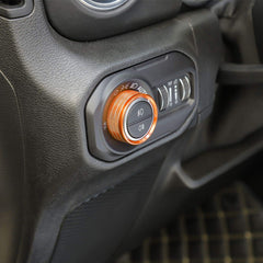 Voodonala orange AC knob cover for Jeep Wrangler JL interior improves tactile feel and durability.
