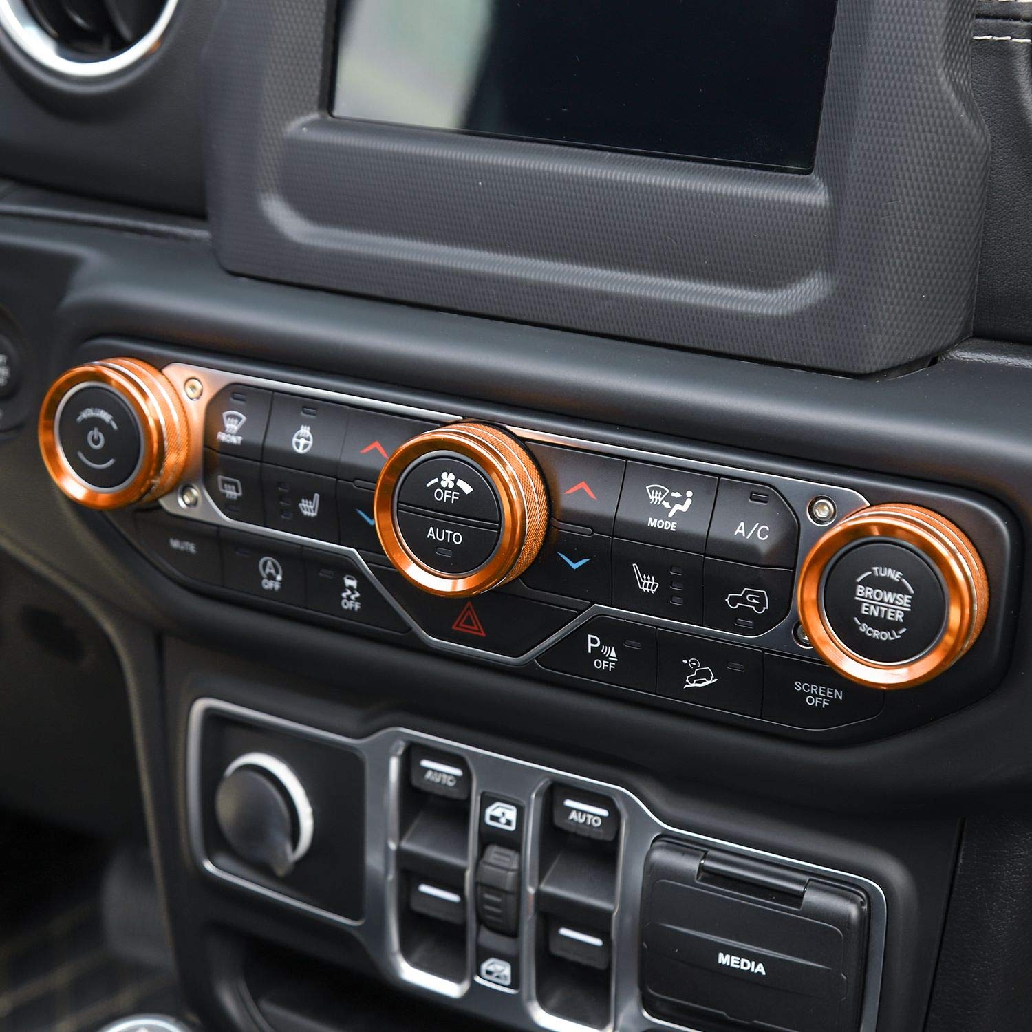 Voodonala orange AC knob cover set improves grip and resists scratches on Jeep Wrangler JL.