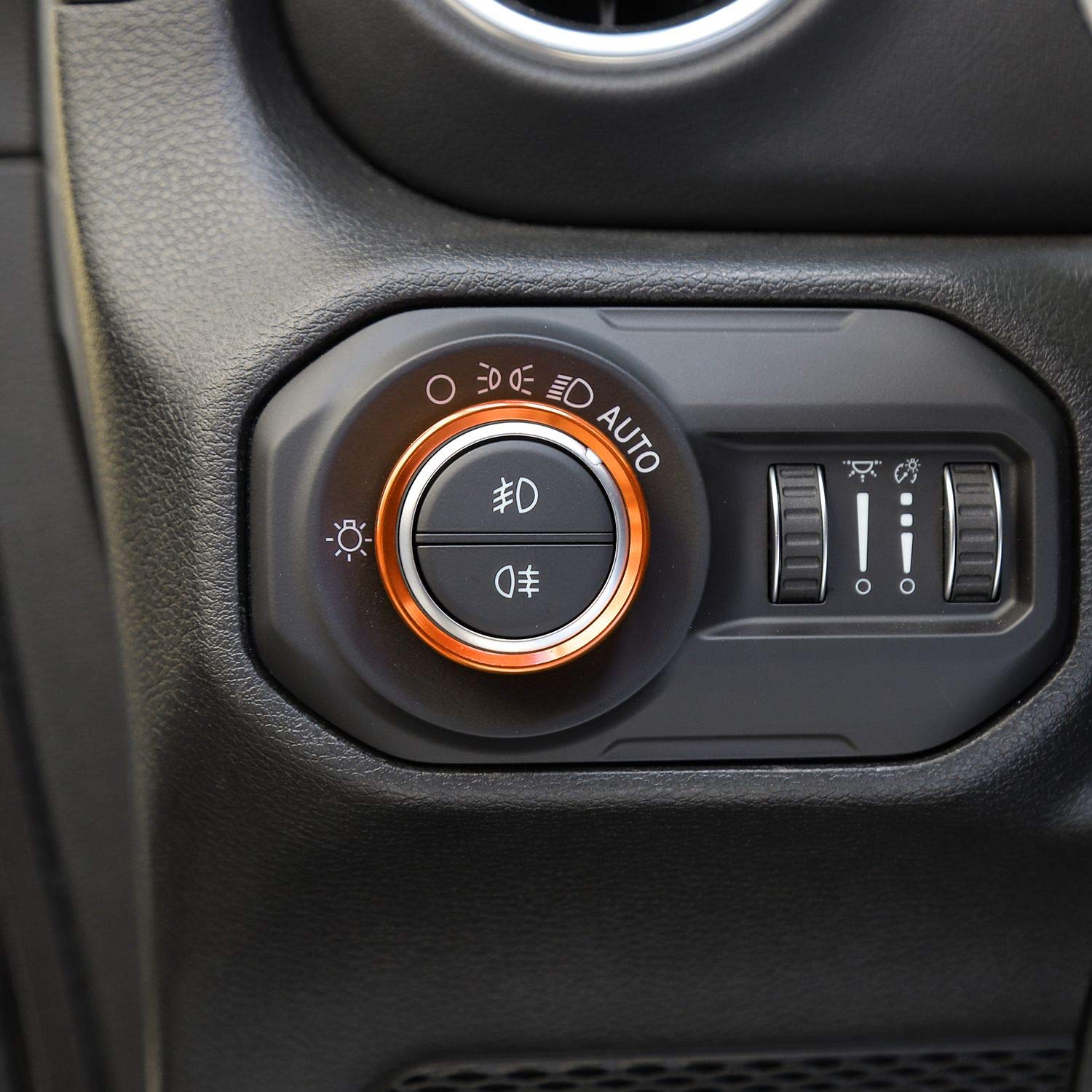 Voodonala orange aluminum knob cover for Jeep Wrangler JLU boosts visibility and ease of use.