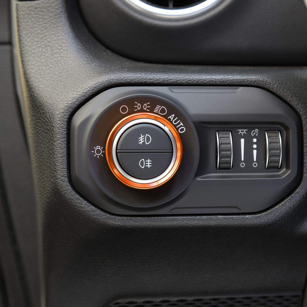 Voodonala orange aluminum knob cover for Jeep Wrangler JLU boosts visibility and ease of use.