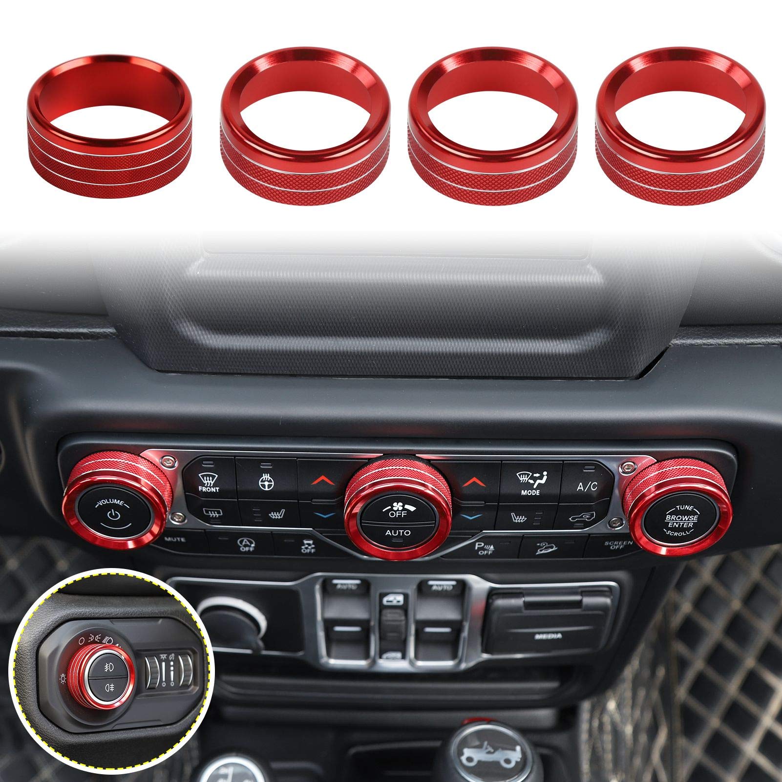 Voodonala red aluminum switch knob cover close-up protecting Jeep Wrangler knobs