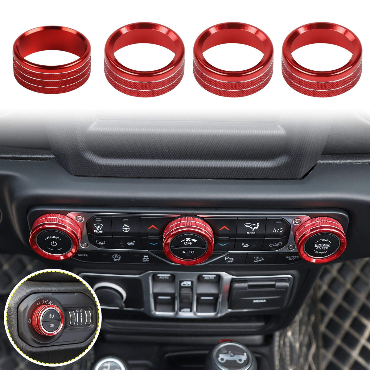 Voodonala red aluminum switch knob cover close-up protecting Jeep Wrangler knobs