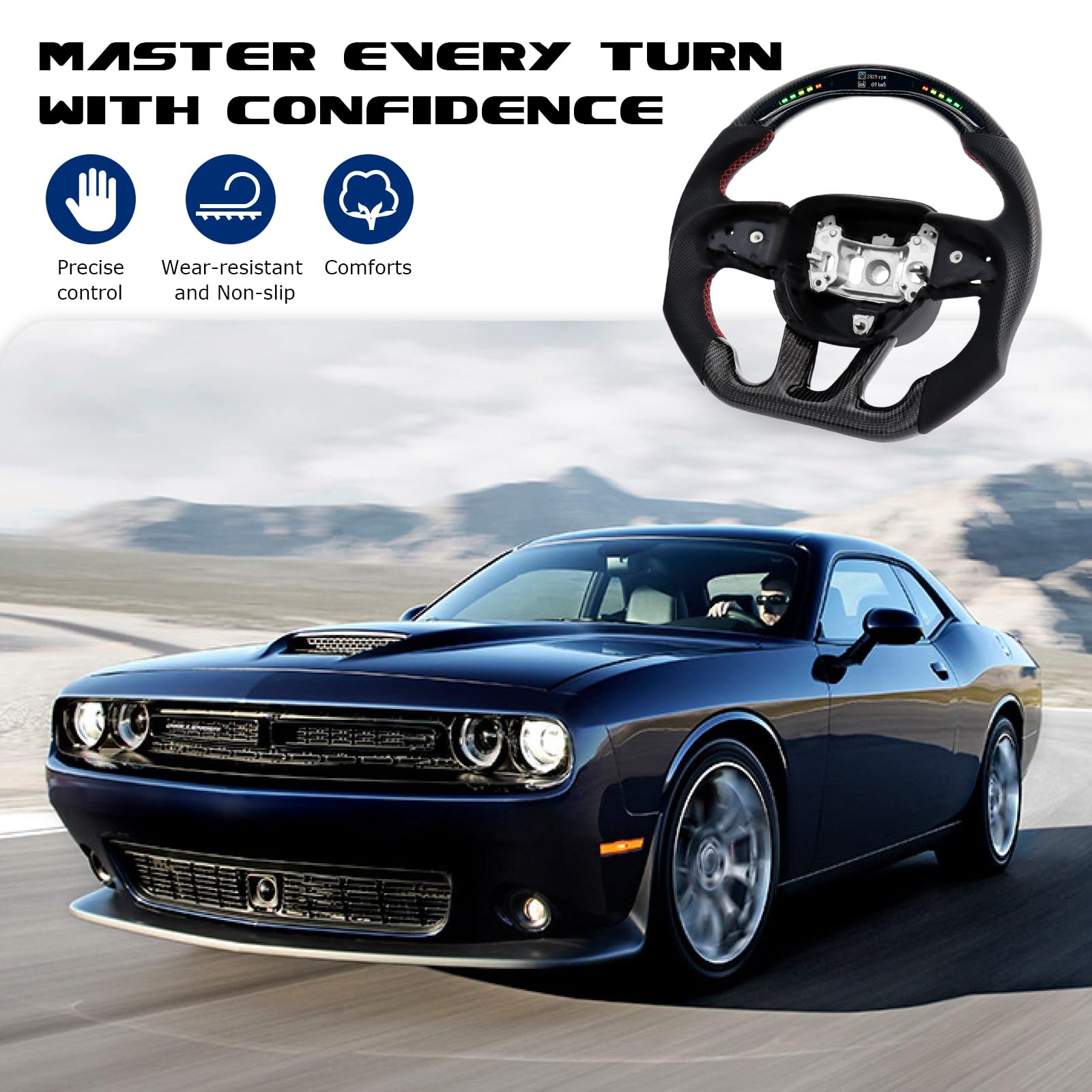 VOONKE LED display steering wheel provides at-a-glance performance data.