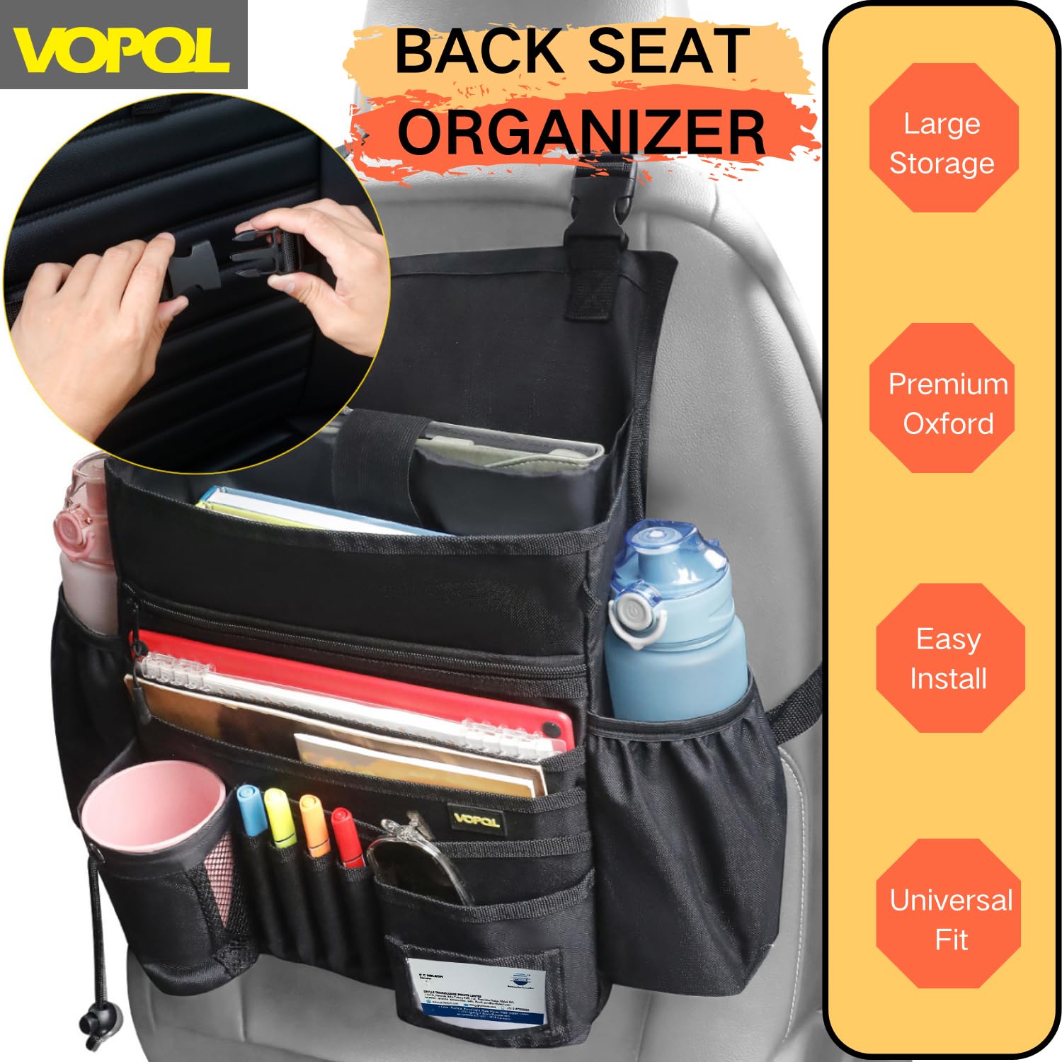 VOPQL car seat organizer back view highlighting vertical pockets for organized gear