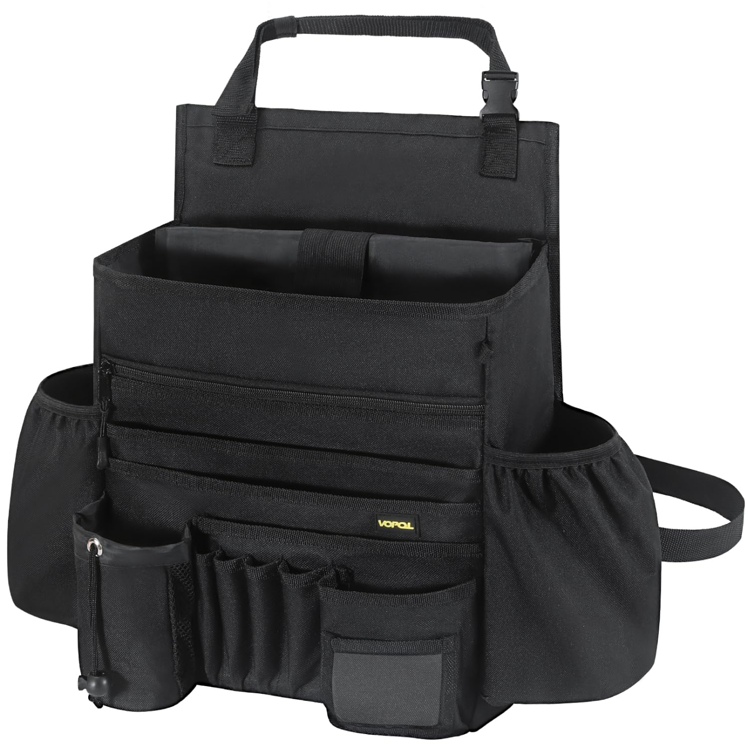 VOPQL car seat organizer front view with multiple pockets for quick access
