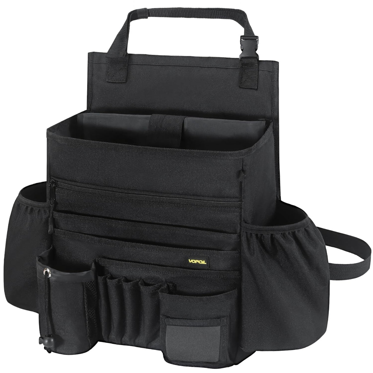 VOPQL car seat organizer front view with multiple pockets for quick access