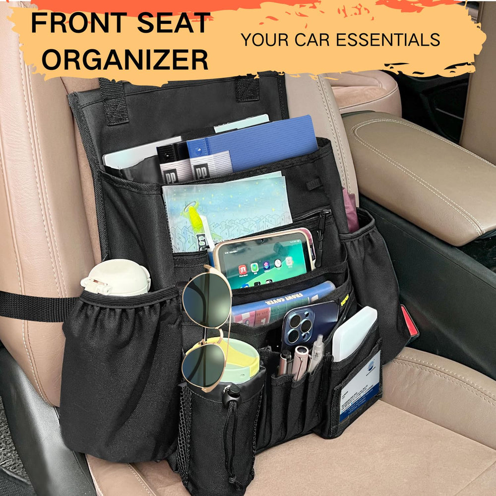 VOPQL car seat organizer installed on driver-side demonstrates secure fit and easy reach