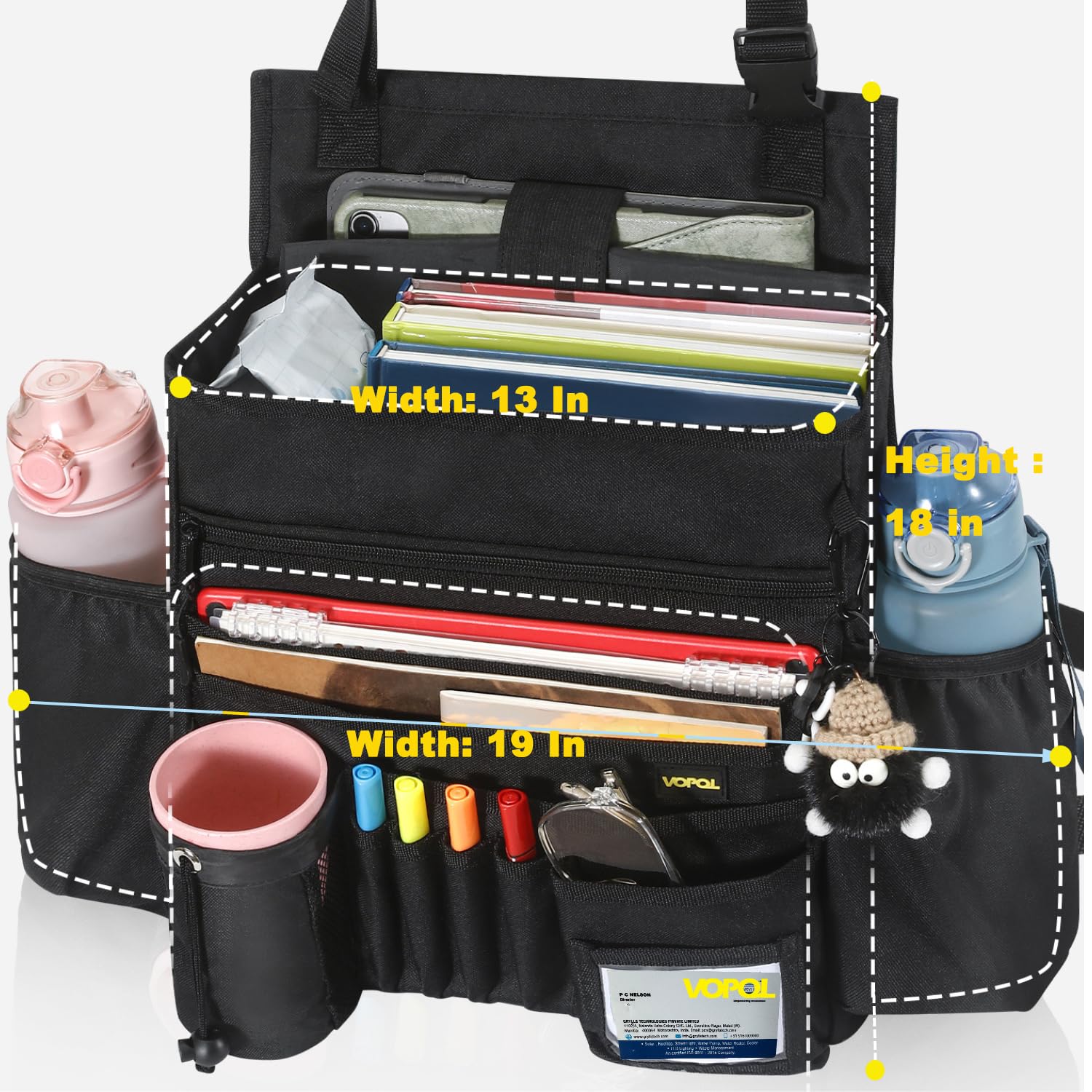 VOPQL car seat organizer pockets open showing twelve storage compartments for tablets and snacks
