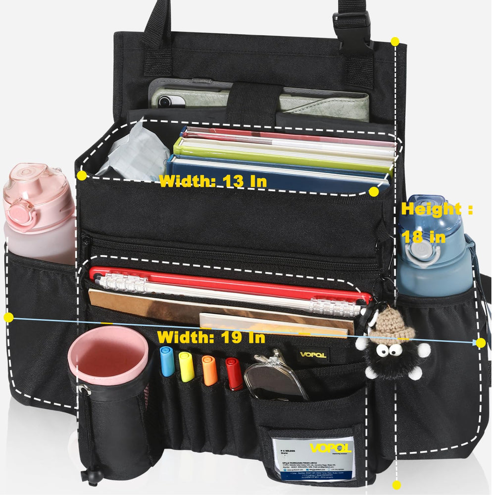 VOPQL car seat organizer pockets open showing twelve storage compartments for tablets and snacks