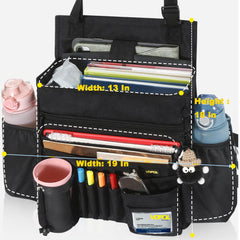 VOPQL car seat organizer pockets open showing twelve storage compartments for tablets and snacks