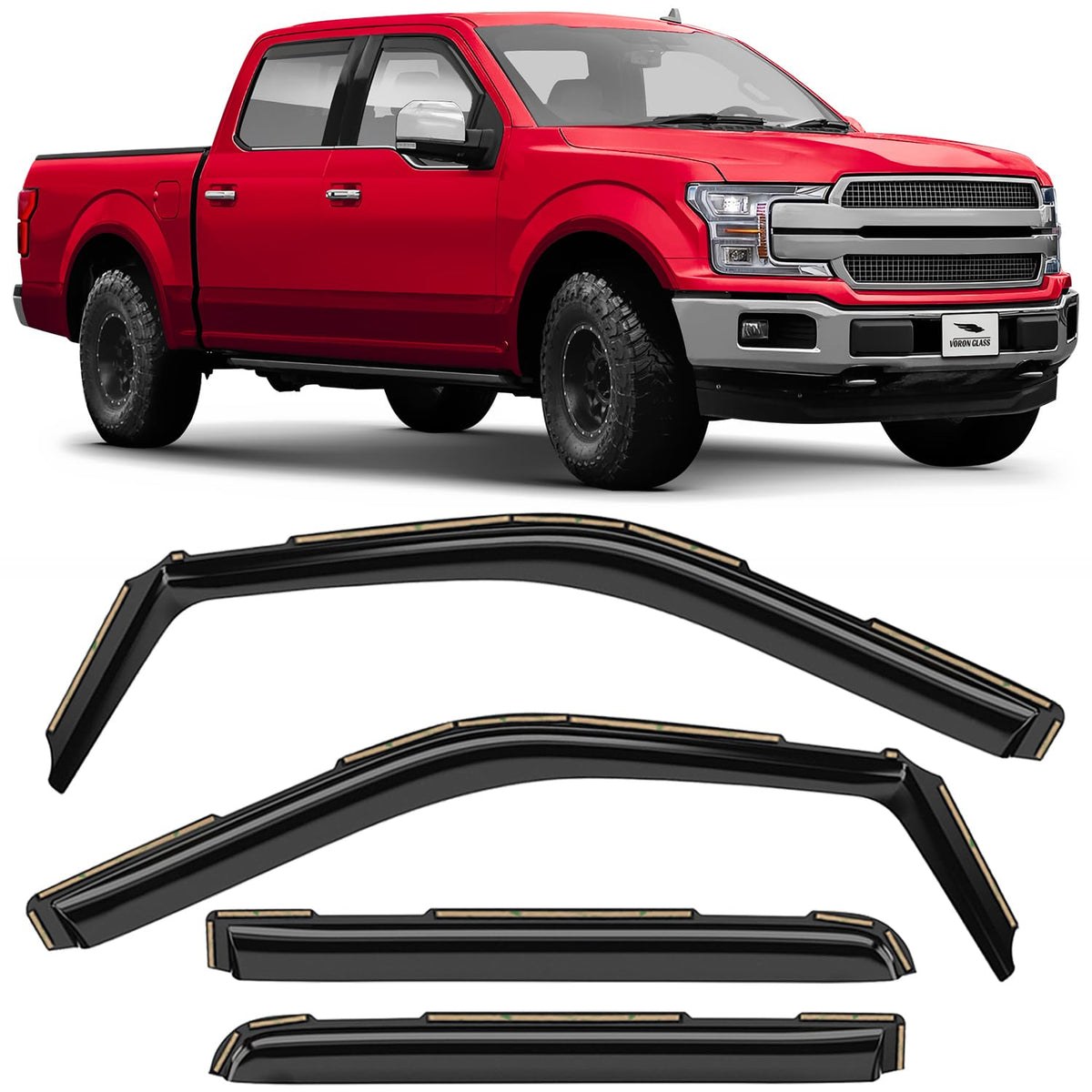 Voron Glass in-channel rain guard front-left for Ford F-150, protecting interior from rain and wind.