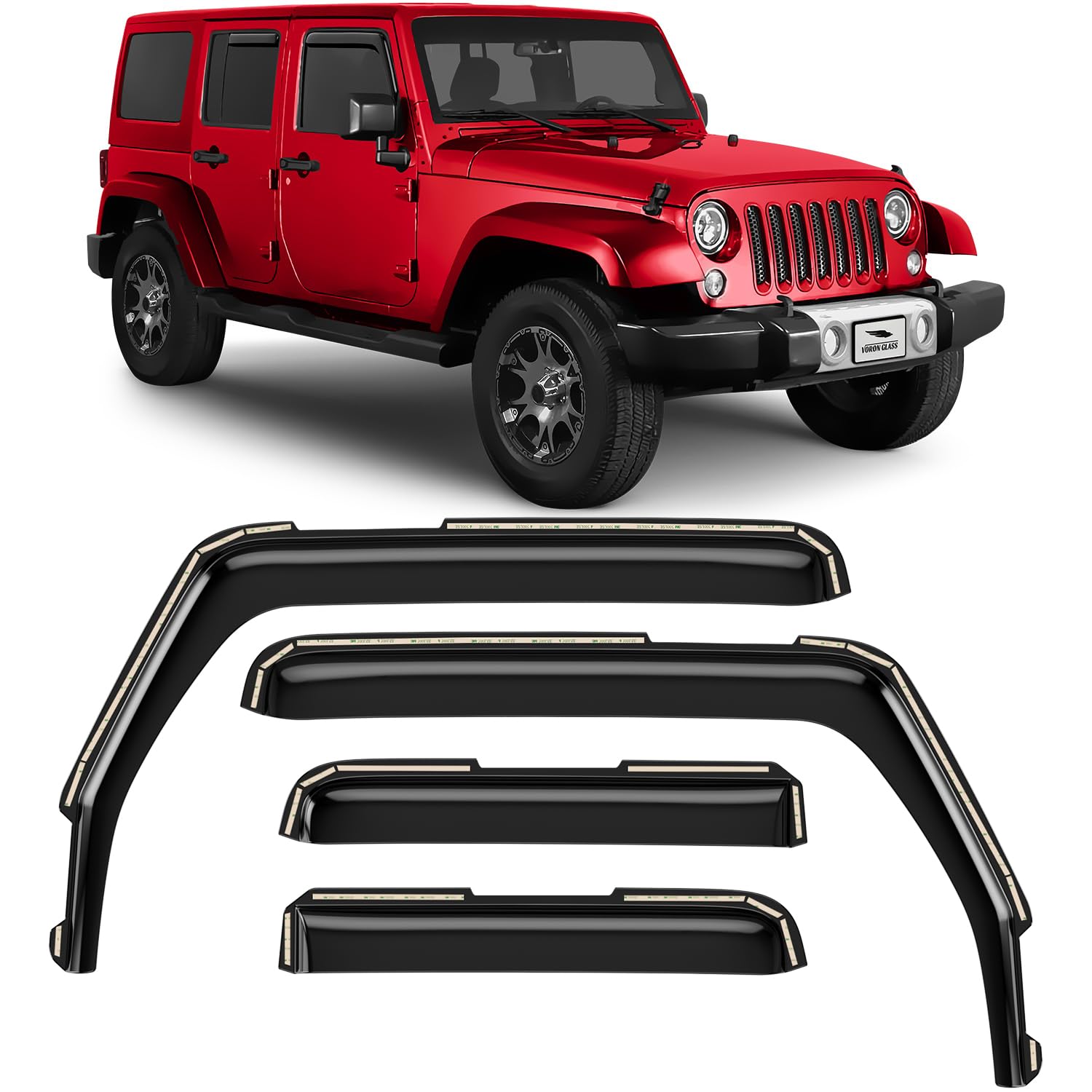 Voron Glass in-channel rain guard on Jeep Wrangler JK front driver improves rain protection and airflow.