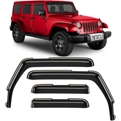 Voron Glass in-channel rain guard on Jeep Wrangler JK front driver improves rain protection and airflow.