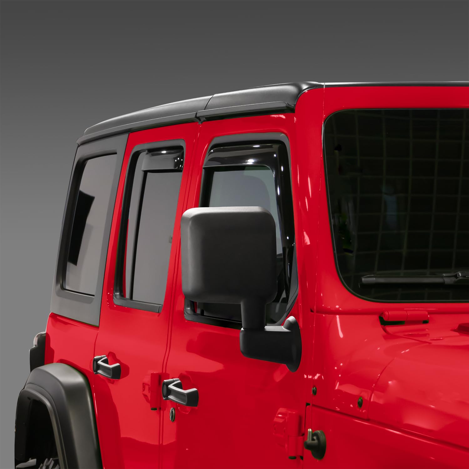 Voron Glass in-channel rain guard Jeep Wrangler JK front passenger reduces sun glare and wind.