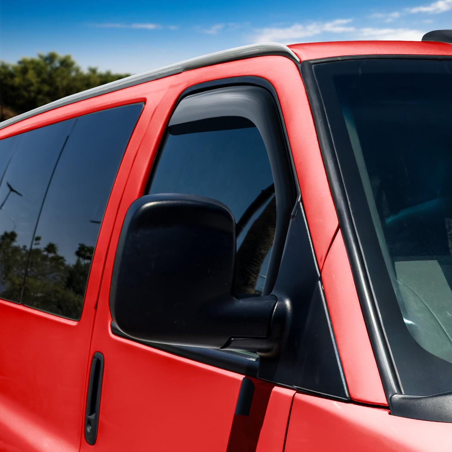 Voron Glass in-channel rain guard on passenger side blocks sun and rain while driving.