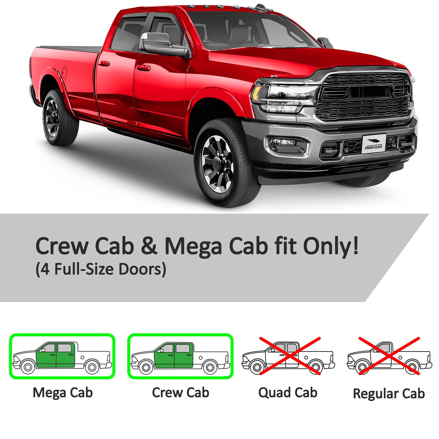 Voron Glass in-channel guards for RAM Crew Cab angle view with OEM-like finish