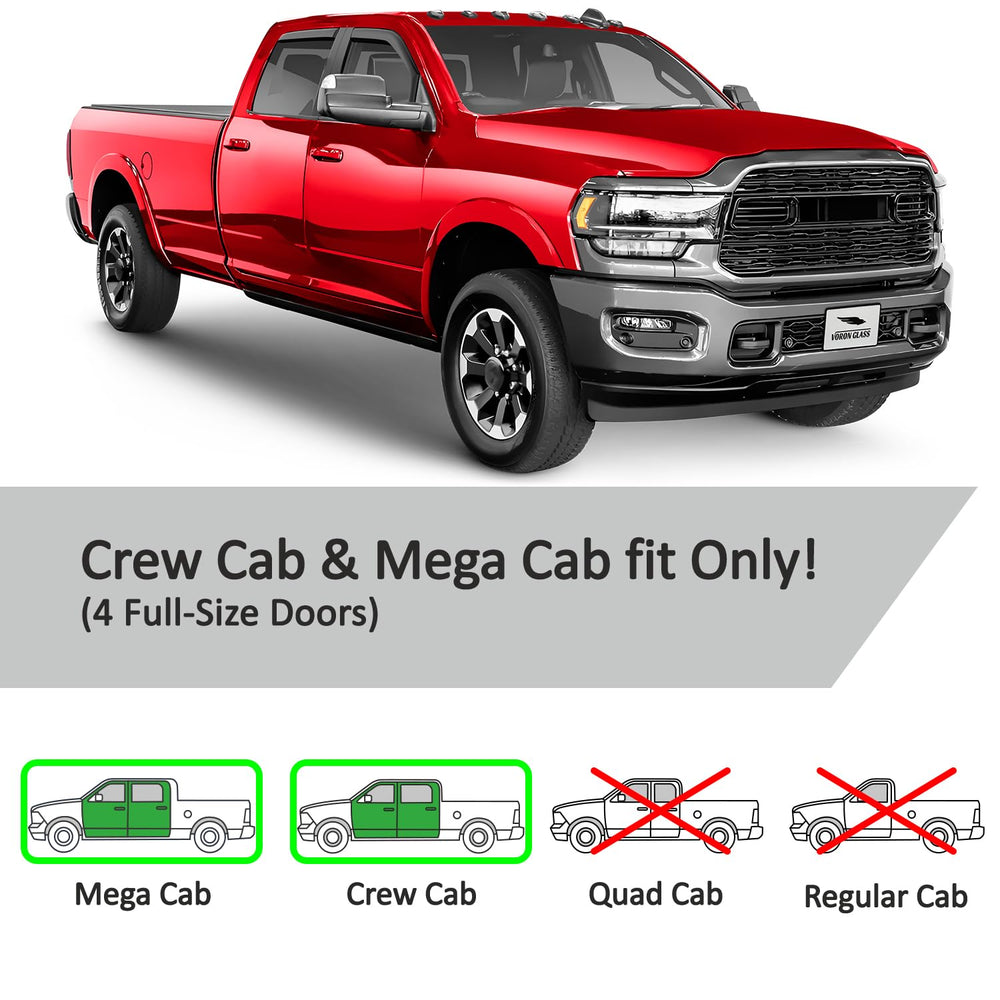 Voron Glass in-channel guards for RAM Crew Cab angle view with OEM-like finish