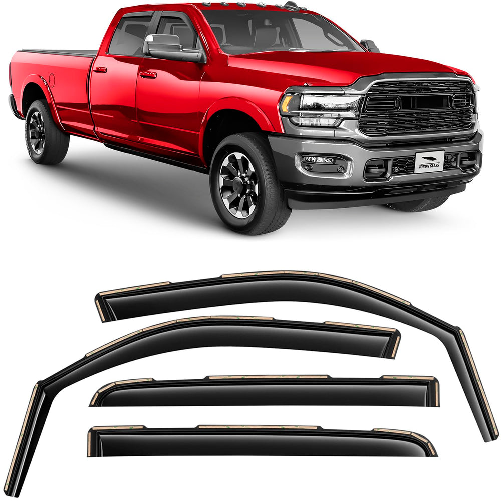 Voron Glass in-channel rain guards on the front window for Dodge RAM reduce rain intrusion and wind