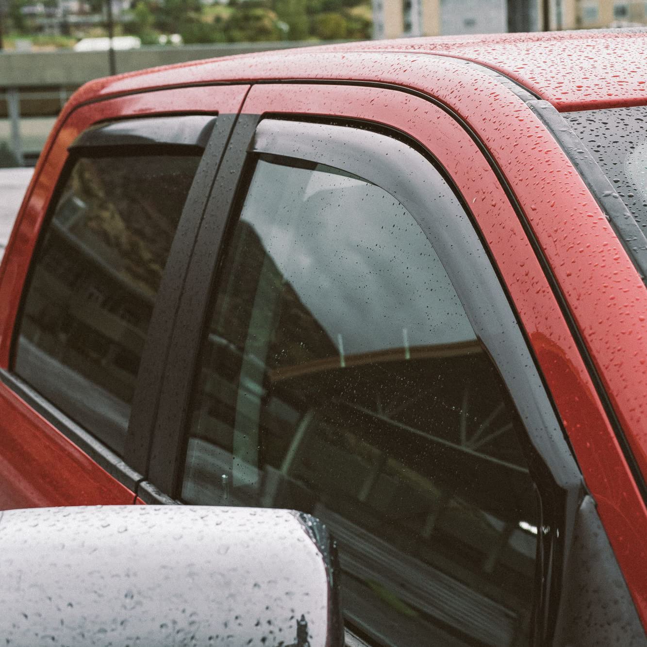 Voron Glass in-channel rain guards on the rear window for Dodge RAM protect from rain