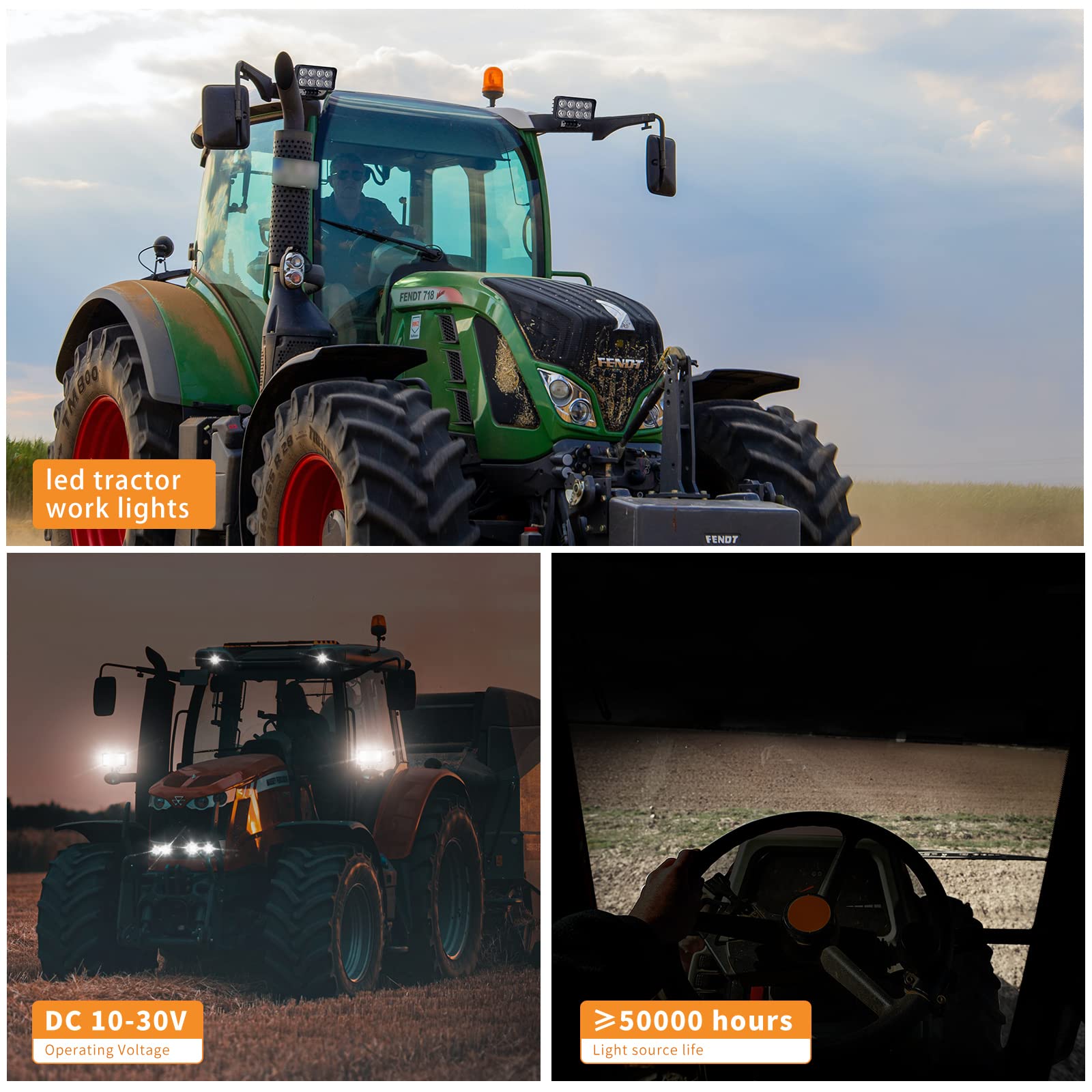Vosiglia IP67 waterproof tractor light side view for rugged outdoor use.