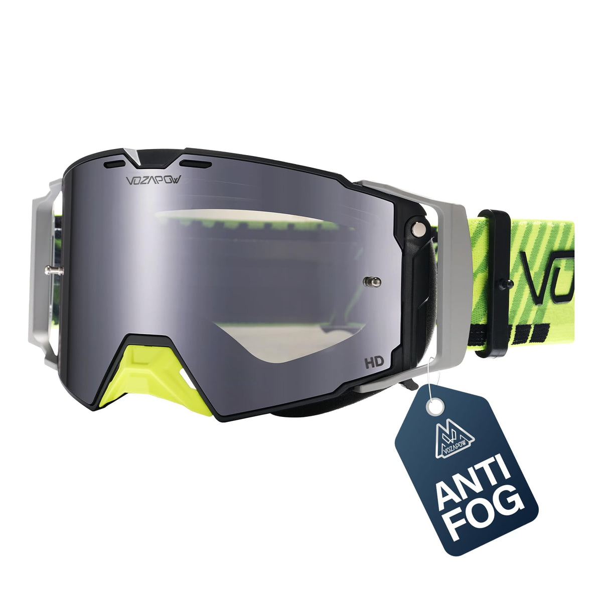 VOZAPOW dirt bike goggles with anti-fog lens for clear off-road vision.
