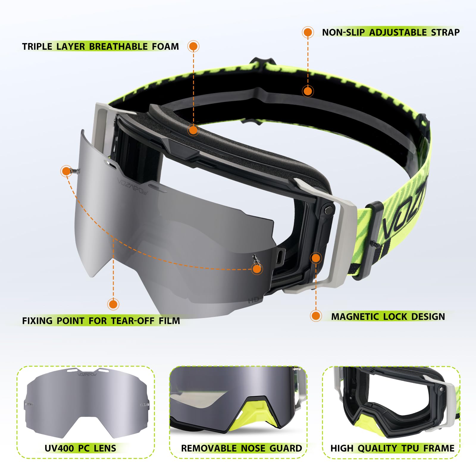 VOZAPOW UV-protection goggles shield eyes in bright sun conditions.