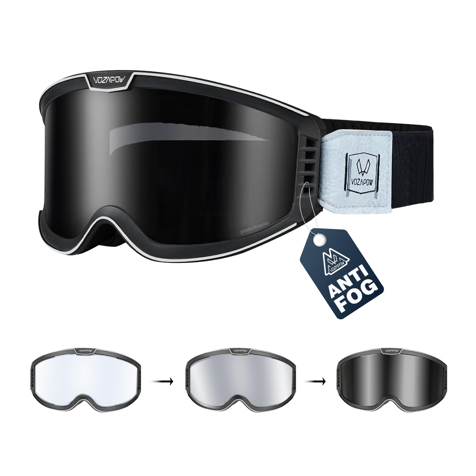 VOZAPOW photochromic goggles front view showing adaptive lenses for changing light conditions