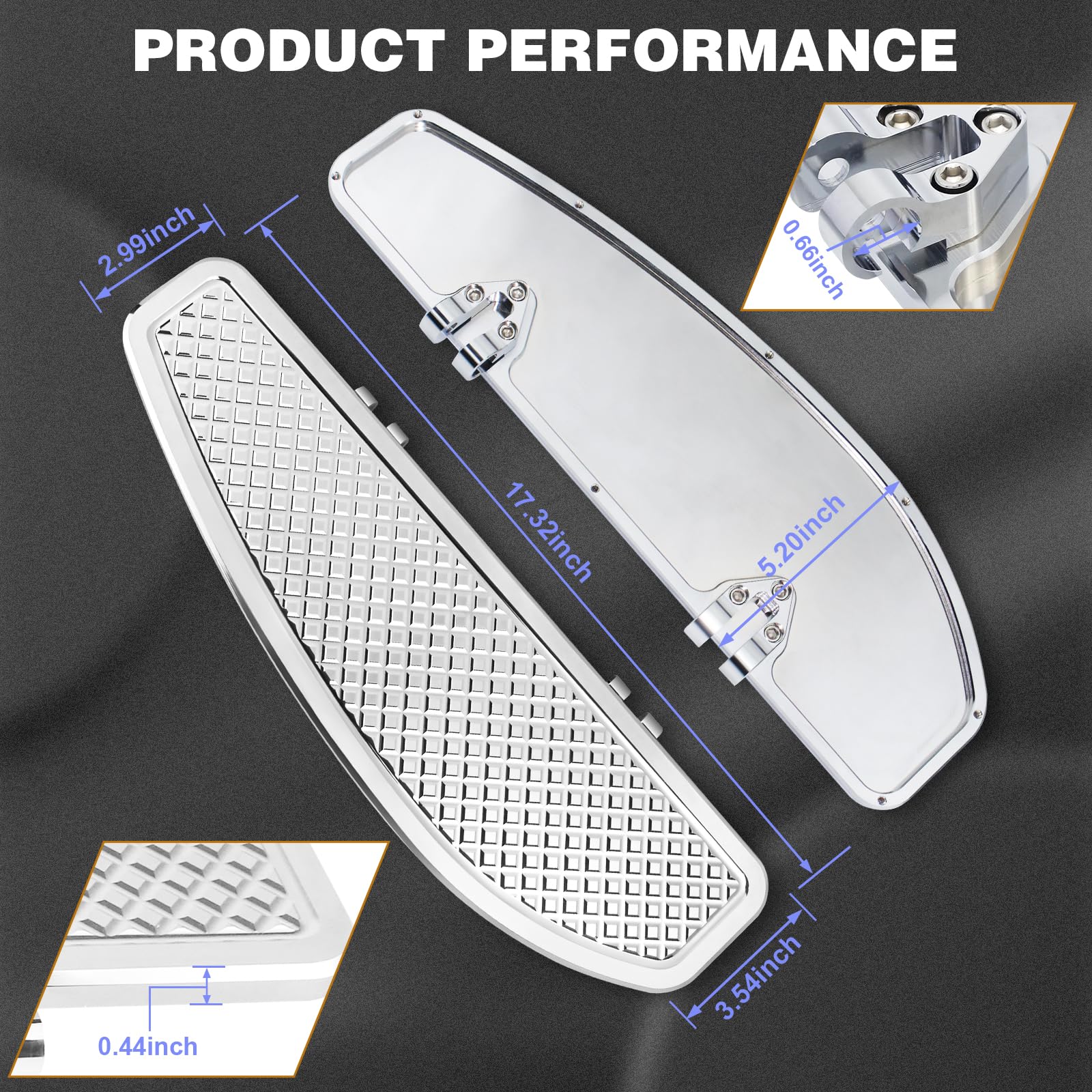 VPZMT floorboard front view closeup highlights durable aluminum with chrome finish.