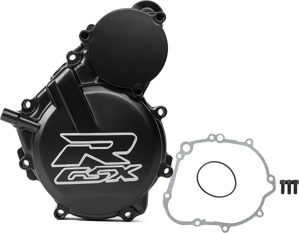 VPZMT black aluminum stator cover profile complements sportbike aesthetics.